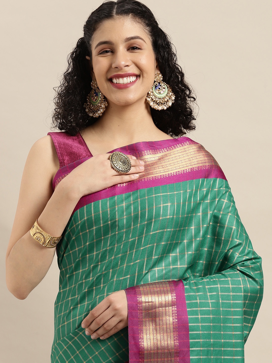 

VASTRANAND Teal Green Checked Zari Pure Silk Gadwal Saree