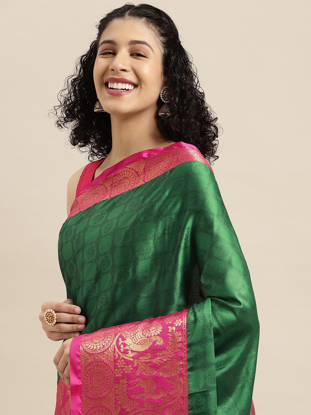 

VASTRANAND Green & Pink Woven Design Banarasi Saree