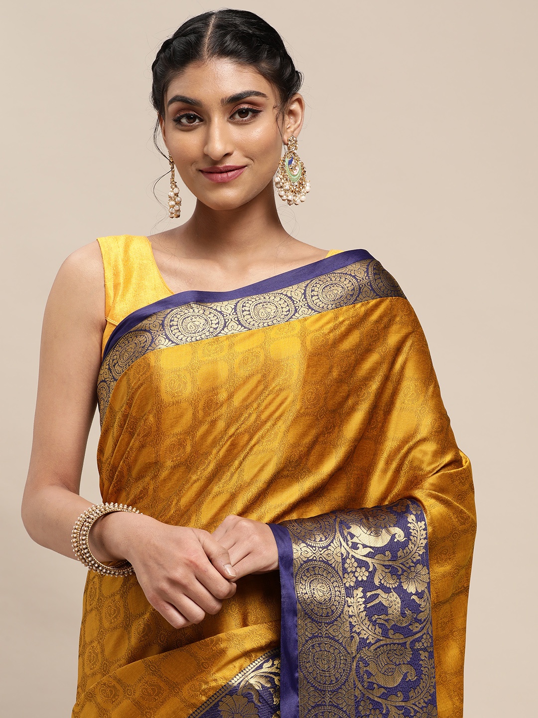 

VASTRANAND Mustard Yellow Woven Design Banarasi Saree
