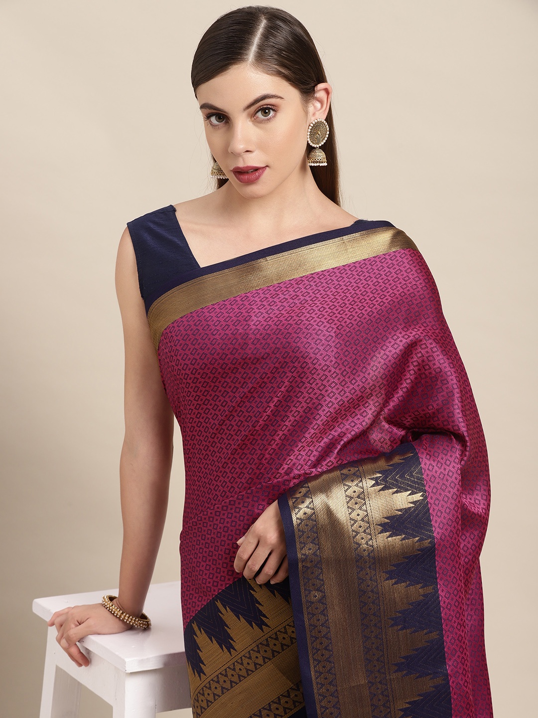 

VASTRANAND Pink & Navy Blue Woven Design Zari Silk Blend Banarasi Saree