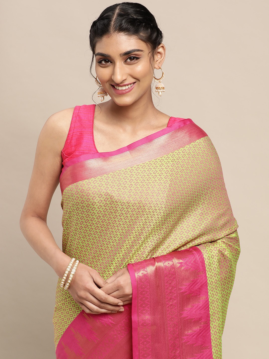 

VASTRANAND Olive Green & Pink Woven Design Banarasi Saree