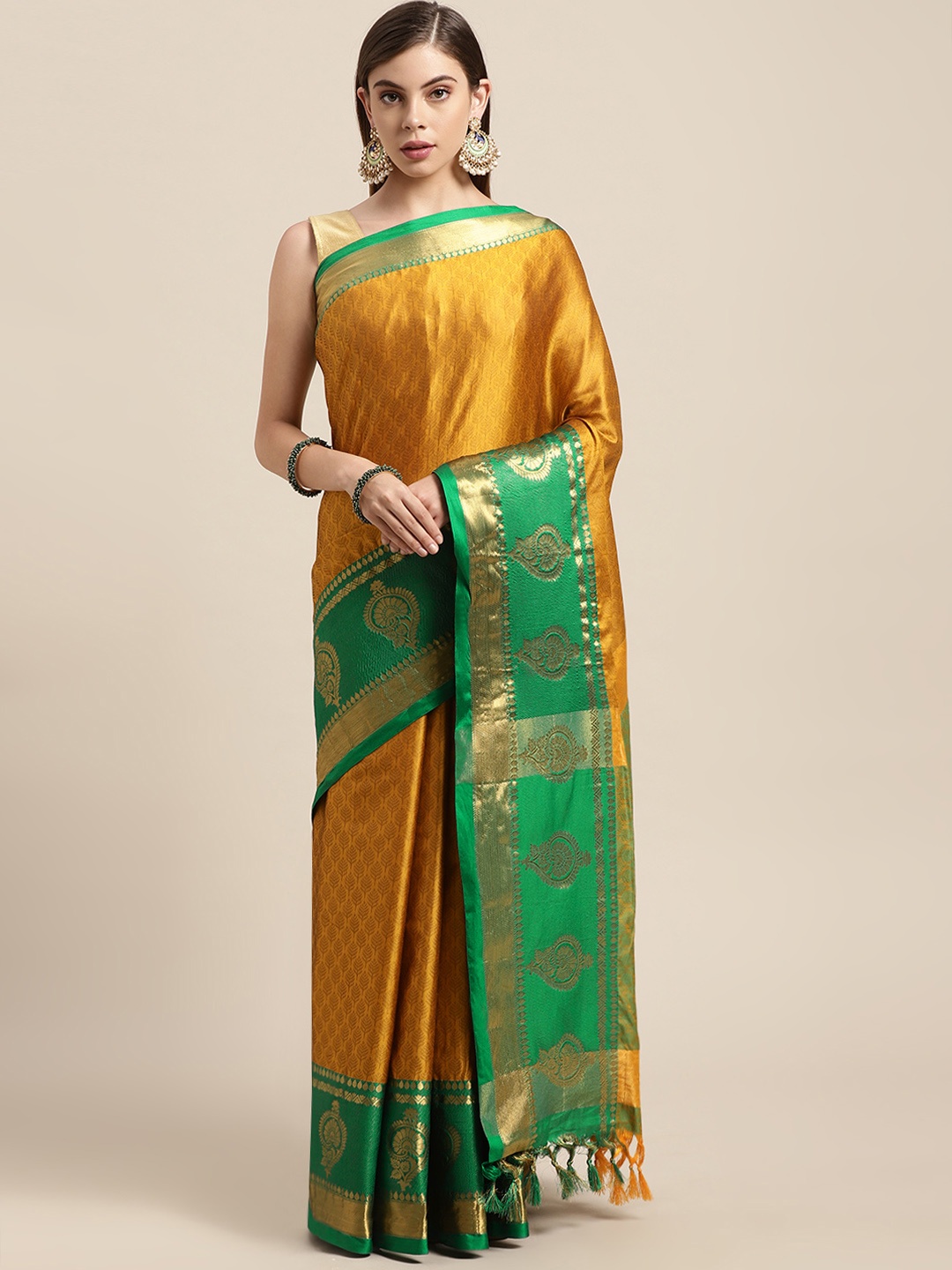 

VASTRANAND Golden & Green Woven Design Zari Silk Blend Banarasi Saree, Gold