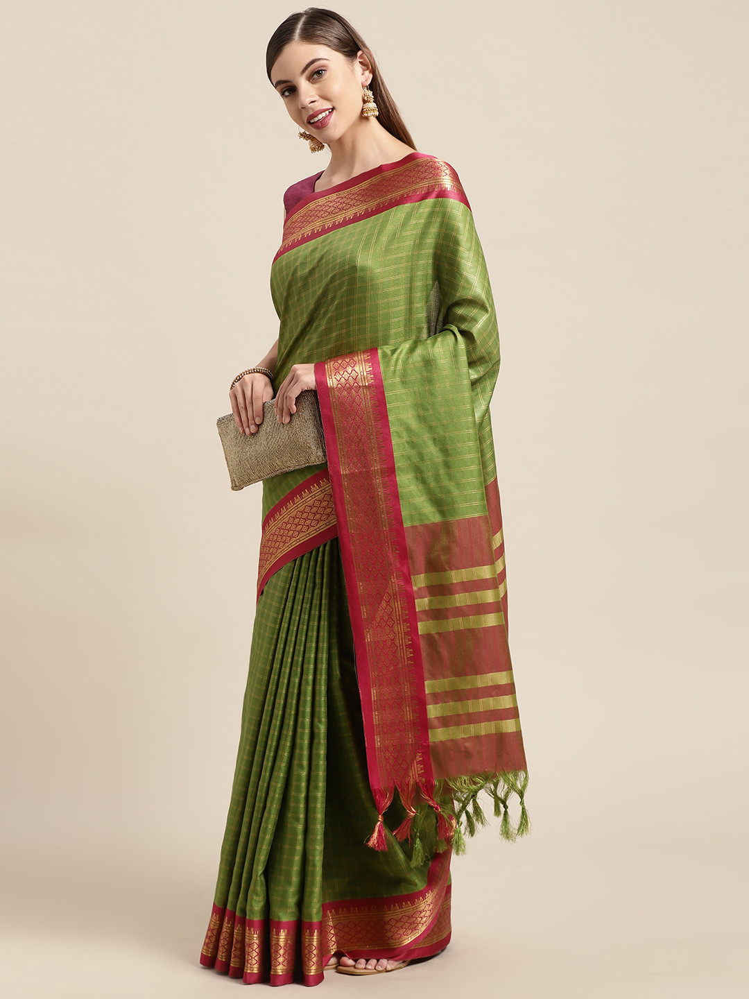 

VASTRANAND Green & Pink Checked Zari Pure Silk Gadwal Saree