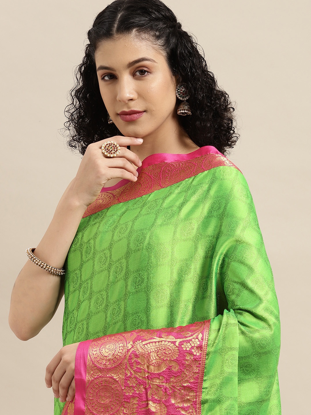 

VASTRANAND Green & Pink Woven Design Banarasi Saree