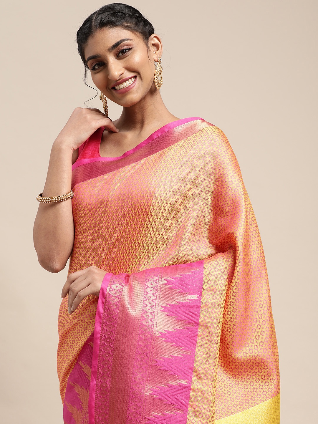 

VASTRANAND Cream-Coloured & Pink Woven Design Banarasi Saree