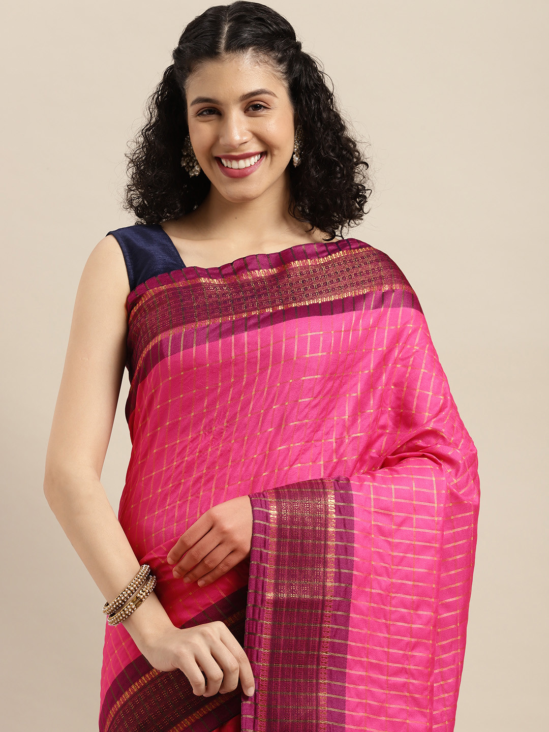 

VASTRANAND Pink Checked Pure Silk Gadwal Saree