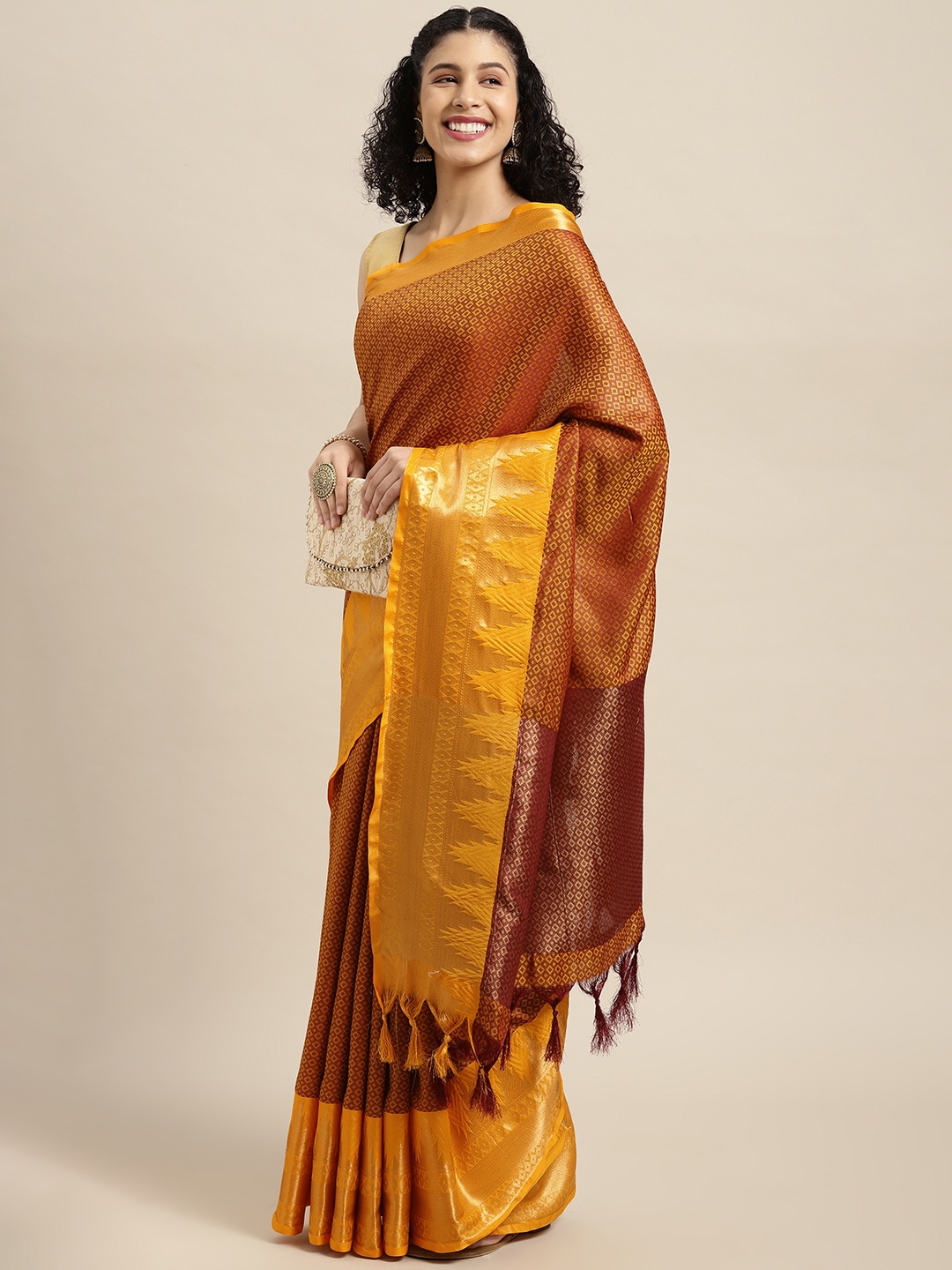 

VASTRANAND Mustard Yellow & Golden Woven Design Banarasi Saree