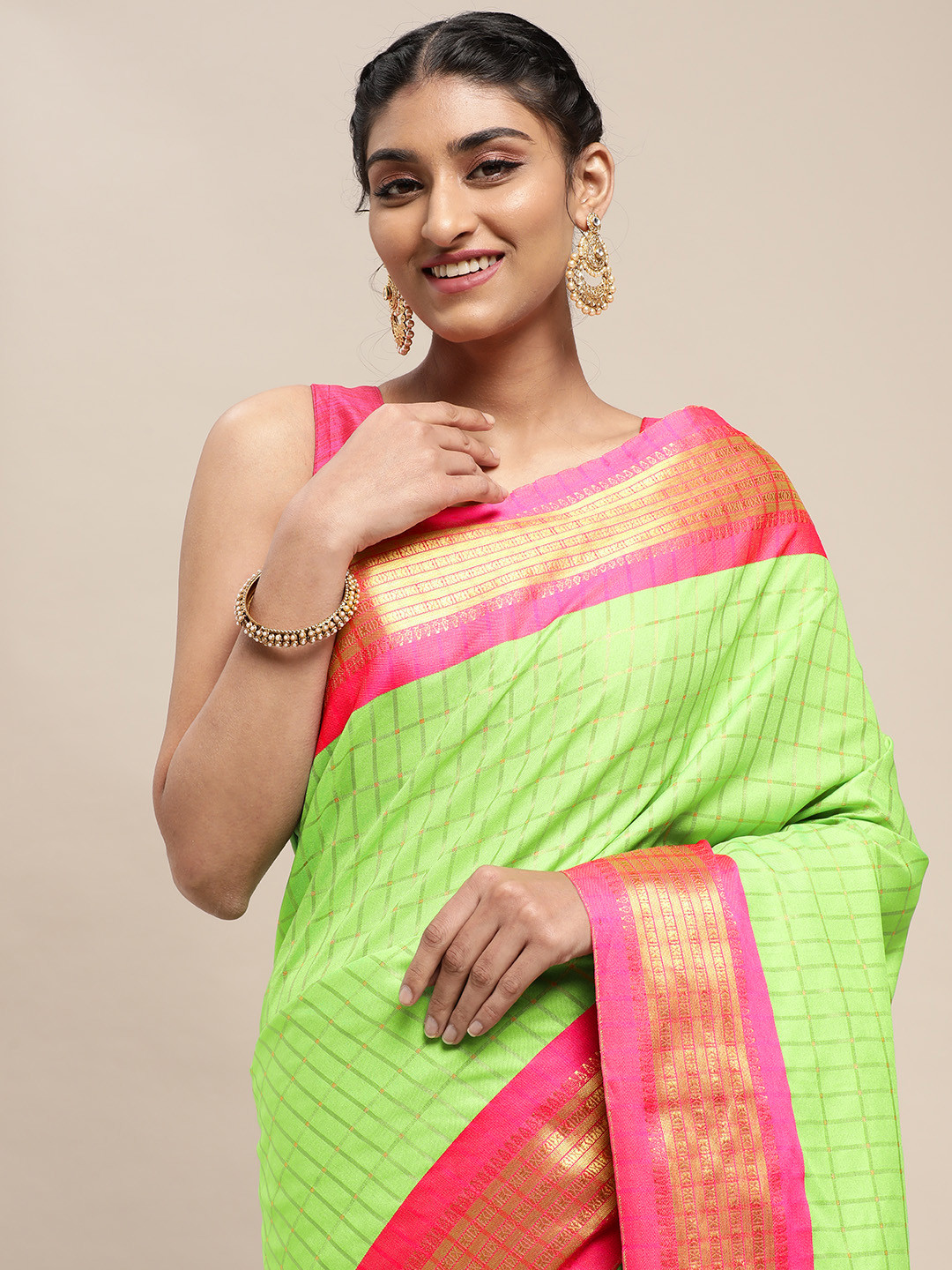 

VASTRANAND Green Checked Pure Silk Gadwal Saree