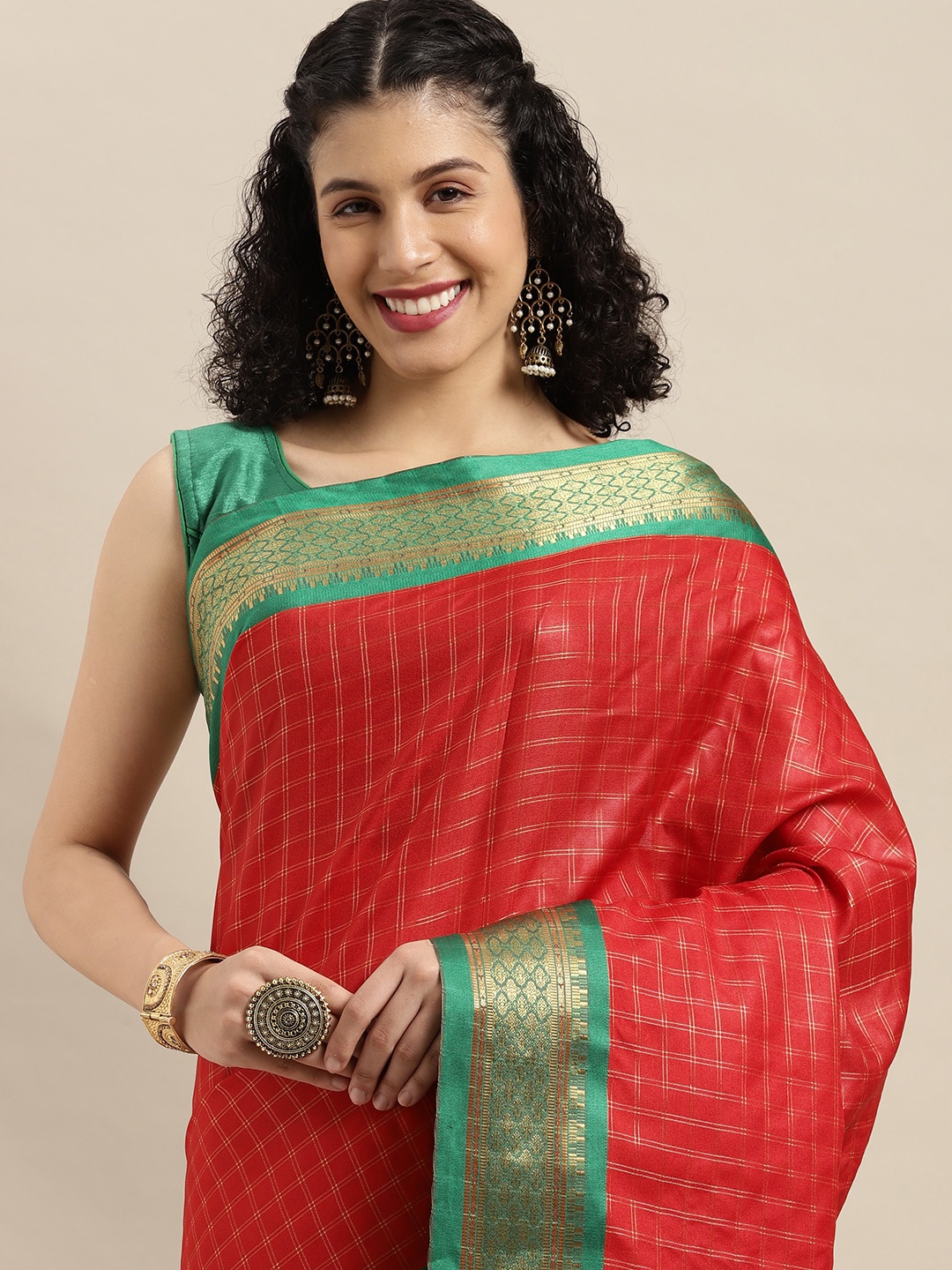 

VASTRANAND Red & Golden Checked Zari Pure Silk Gadwal Saree