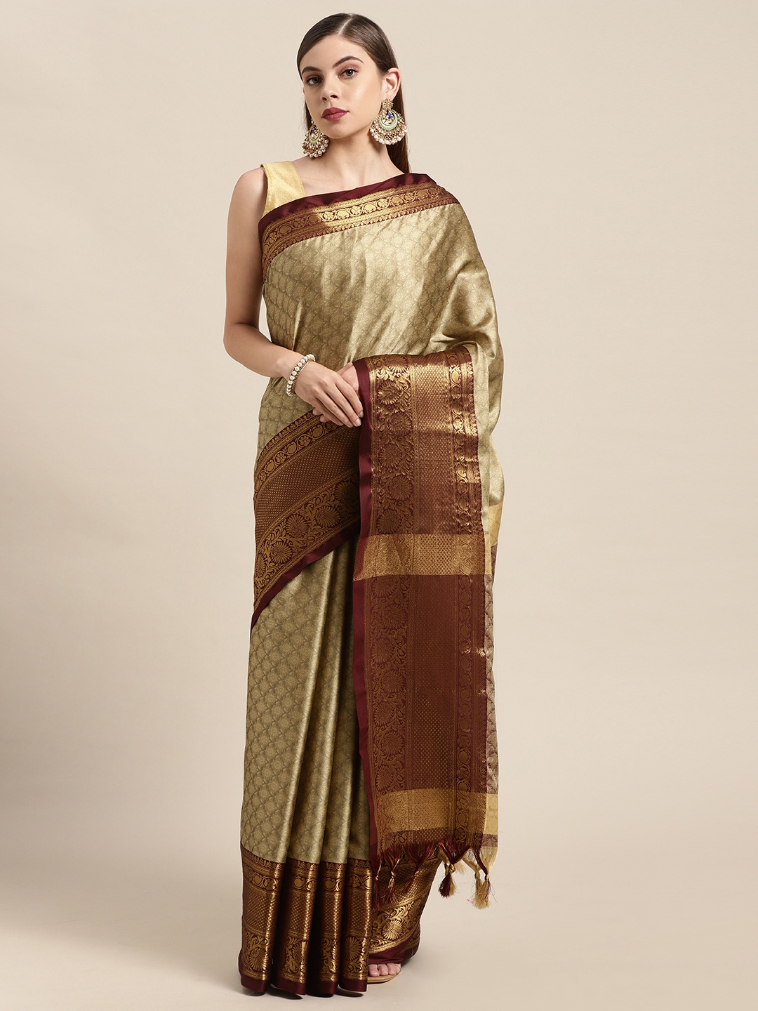 

VASTRANAND Cream-Coloured & Brown Woven Design Zari Silk Blend Banarasi Saree