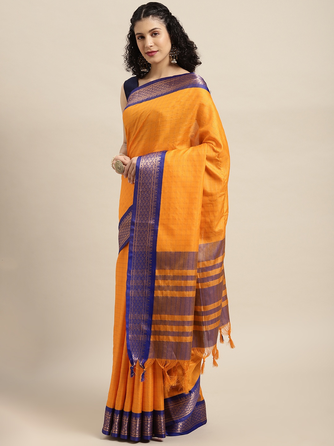 

VASTRANAND Orange Checked Zari Pure Silk Gadwal Saree