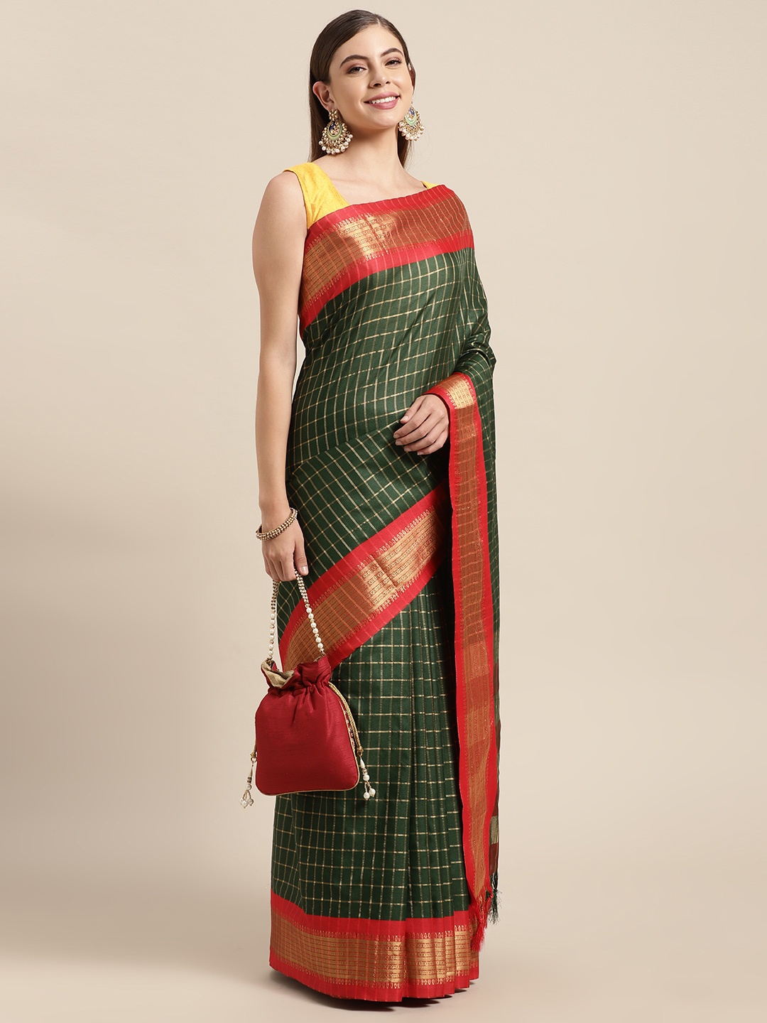 

VASTRANAND Green & Maroon Checked Zari Pure Silk Gadwal Saree