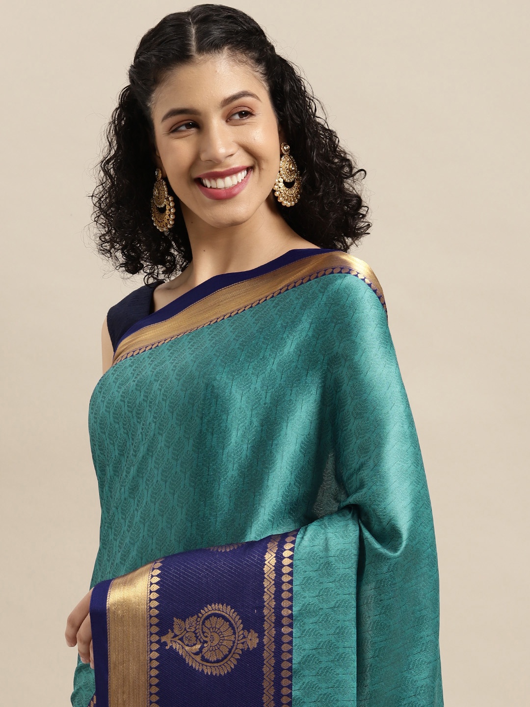 

VASTRANAND Teal Blue Zari Silk Blend Banarasi Saree