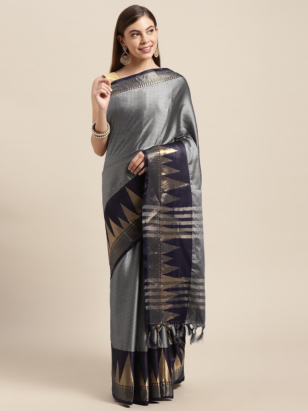 

VASTRANAND Grey & Navy Blue Woven Design Zari Silk Blend Banarasi Saree