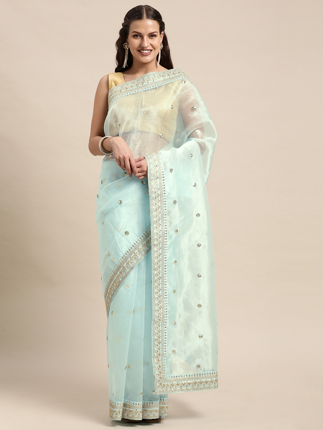 

VASTRANAND Blue & Beige Ethnic Motifs Sequinned Organza Party Wear Banarasi Saree