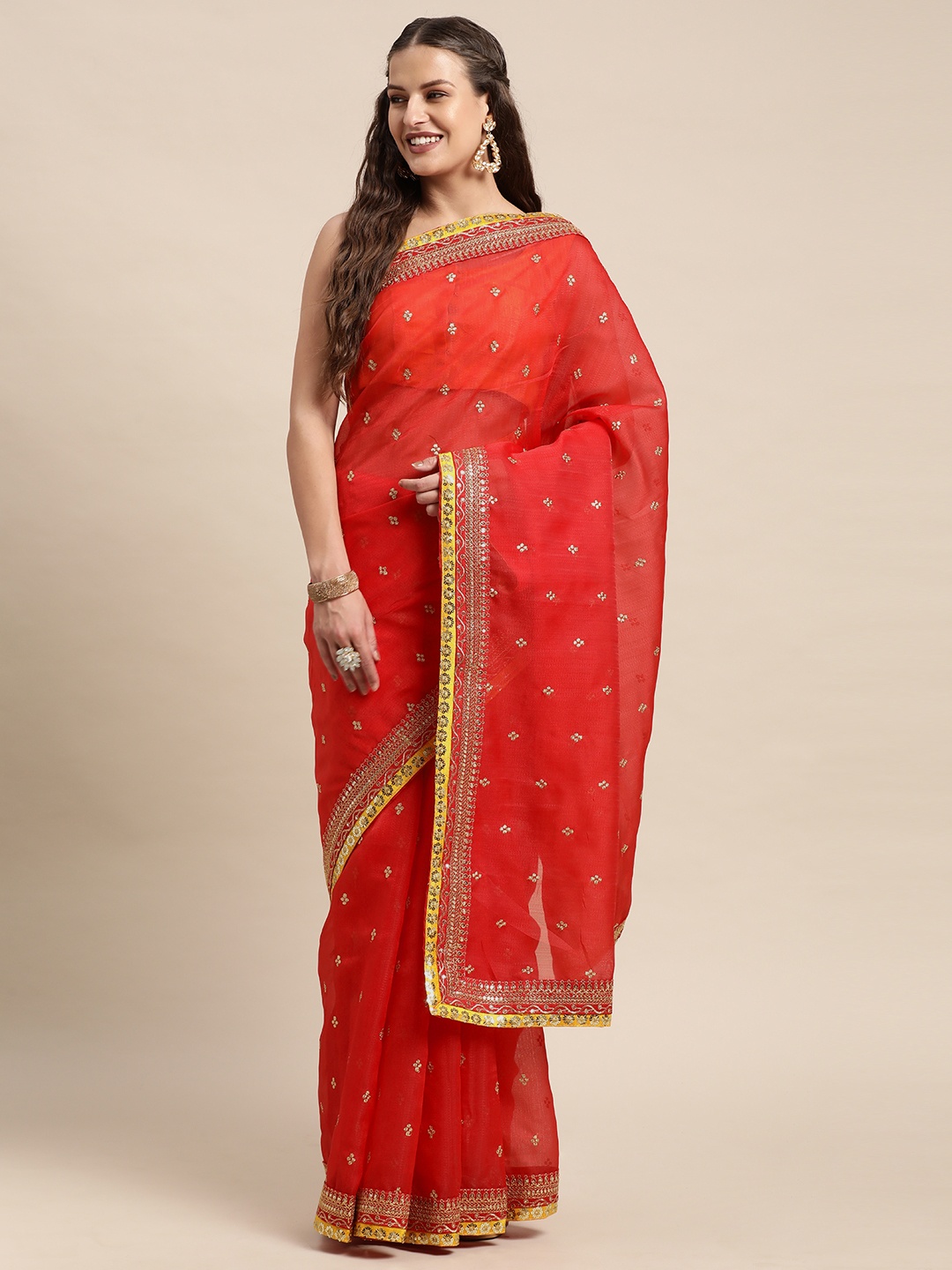 

VASTRANAND Red Ethnic Motifs Zari Organza Saree