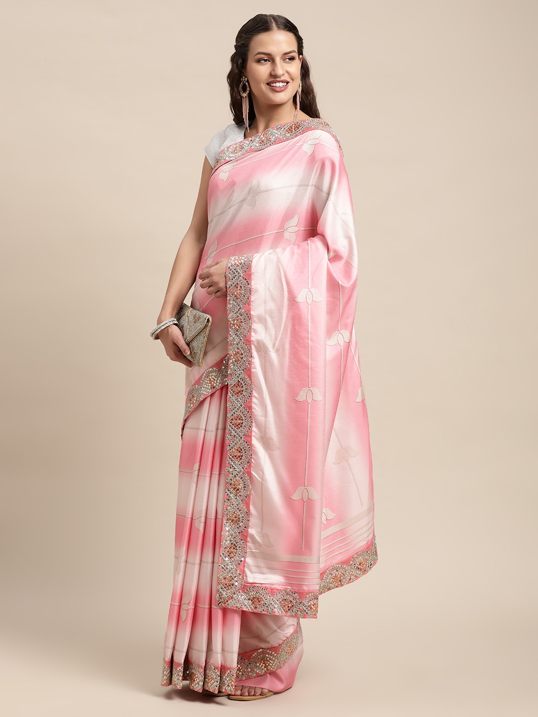 

VASTRANAND Pink & White Floral Gotta Patti Saree