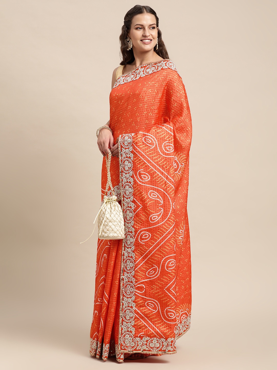 

VASTRANAND Orange Bandhani Gotta Patti Bandhani Saree