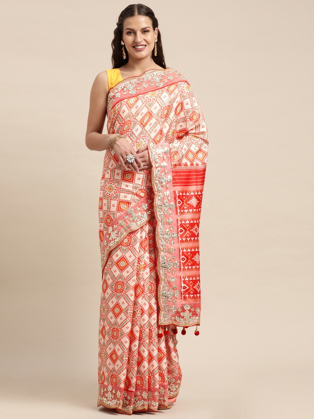 

VASTRANAND Cream-Coloured & Orange Gotta Patti Patola Saree