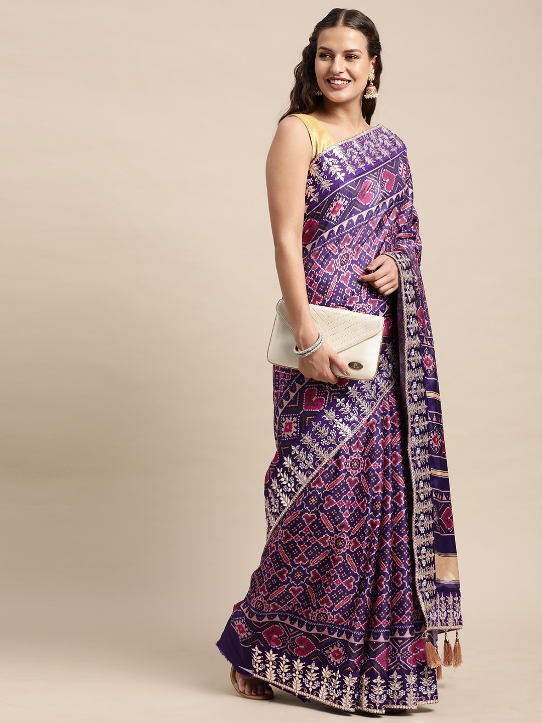 

VASTRANAND Purple & White Patola Print Embroidered Party Wear Saree