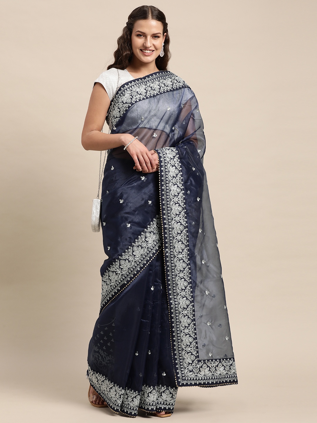 

VASTRANAND Navy Blue Ethnic Motifs Embroidered Organza Saree
