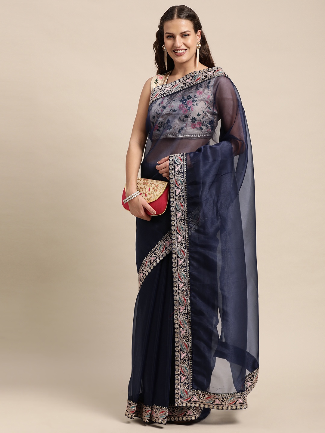 

VASTRANAND Navy Blue Ethnic Motifs Sequinned Organza Party Wear Saree