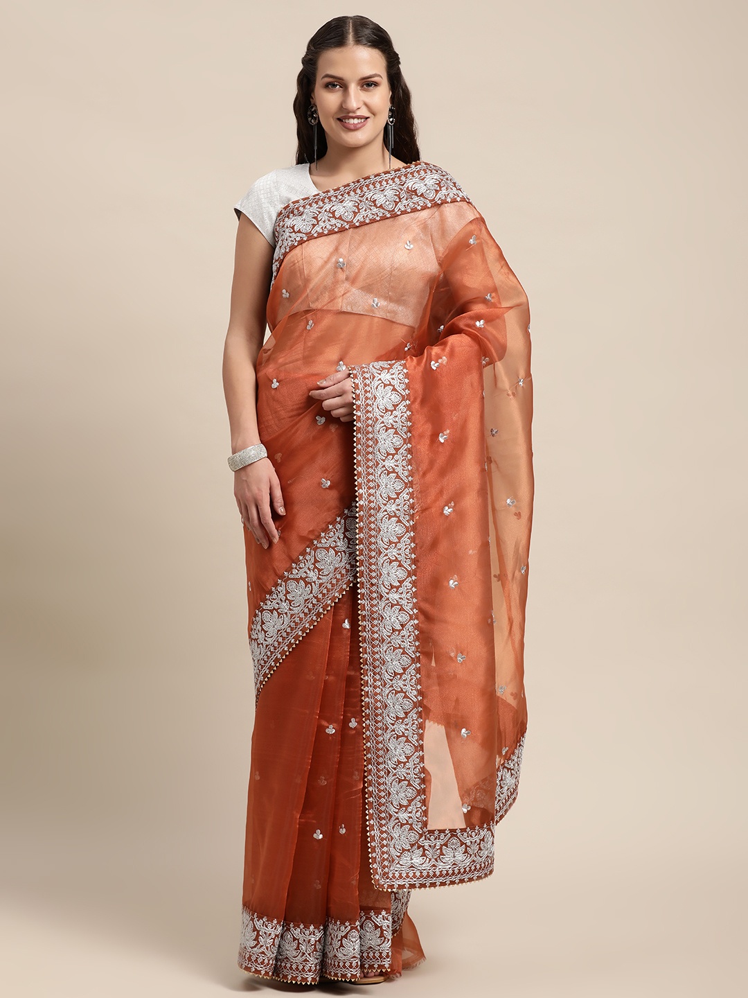 

VASTRANAND Rust Ethnic Motifs Zari Organza Saree