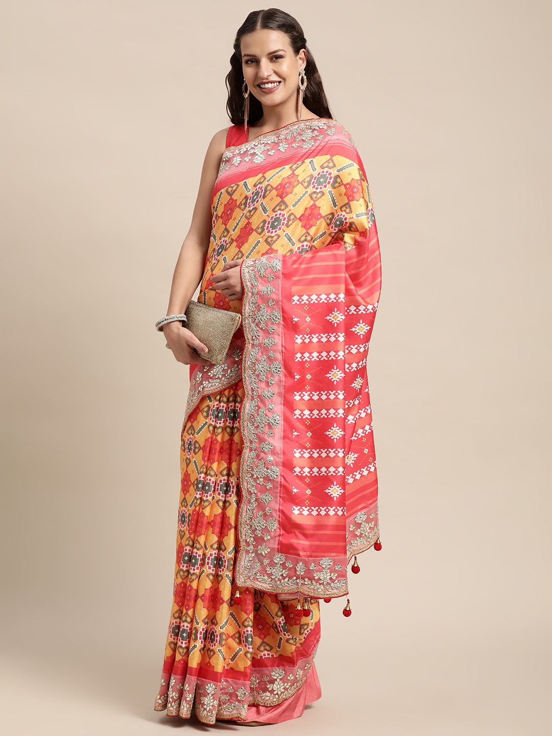 

VASTRANAND Yellow & Red Ethnic Motifs Gotta Patti Patola Saree