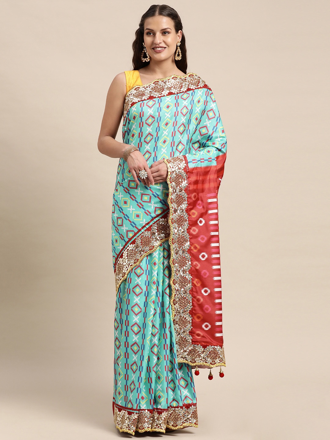 

VASTRANAND Turquoise Blue & Red Ethnic Motifs Gotta Patti Patola Saree