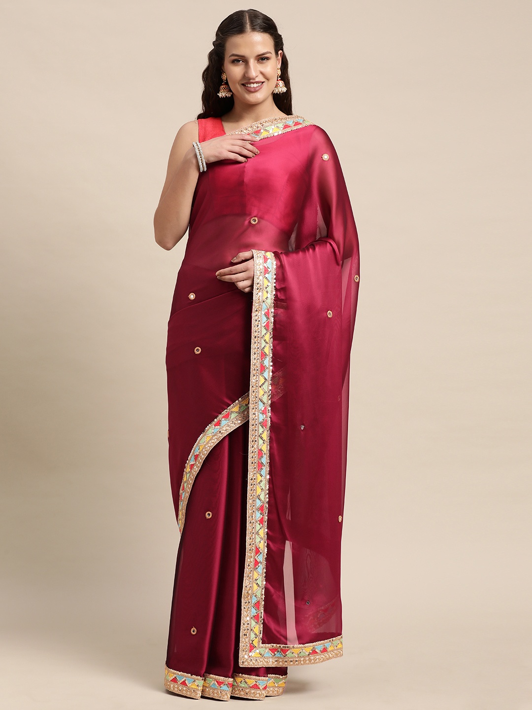 

VASTRANAND Maroon & Golden Ethnic Motifs Sequinned Party Wear Saree