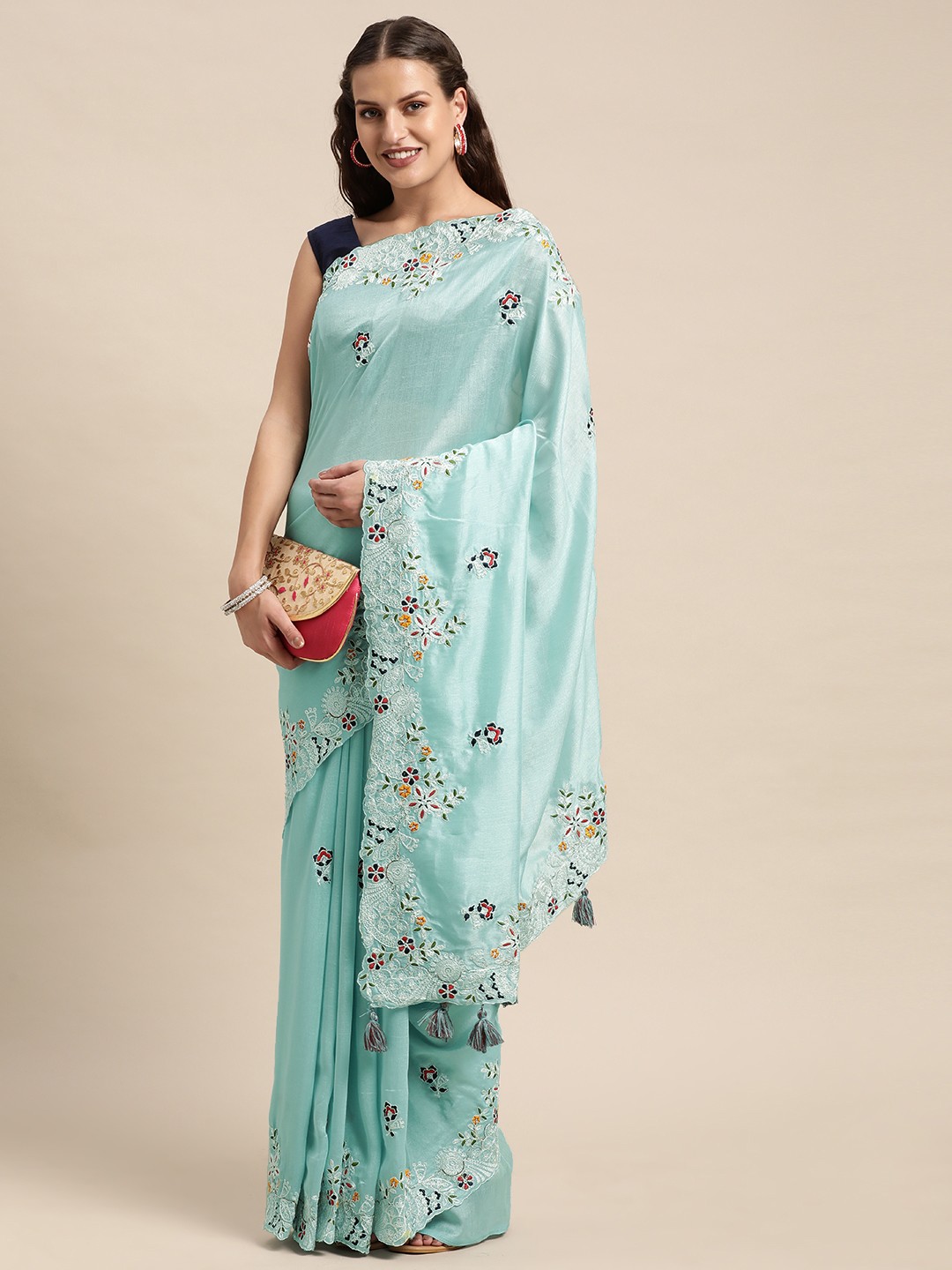 

VASTRANAND Blue Ethnic Motifs Aari Work Party Wear Saree