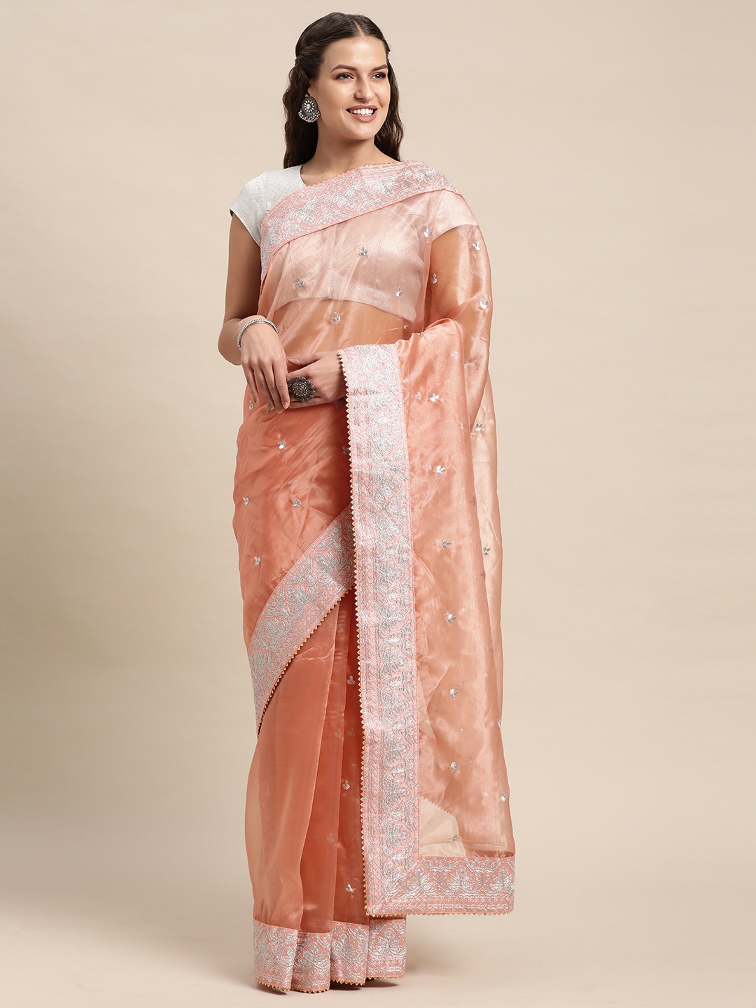 

VASTRANAND Coral Ethnic Motifs Embroidered Organza Party Wear Saree