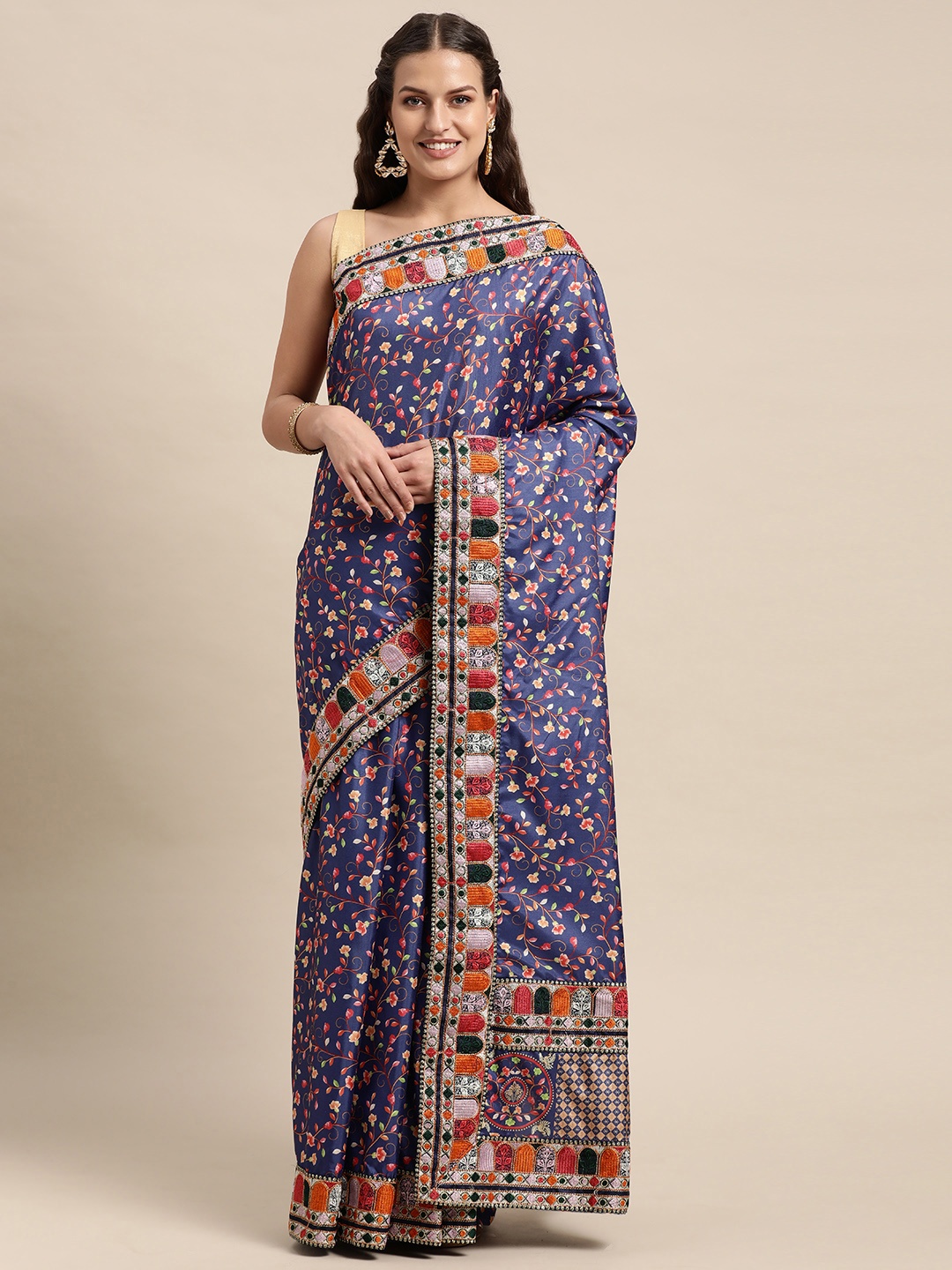 

VASTRANAND Navy Blue & Pink Floral Printed Embroidered Party Wear Saree