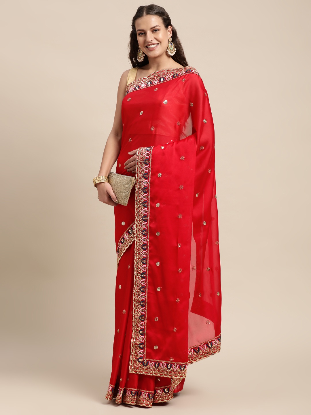 

VASTRANAND Red Woven Design Sequinned Saree