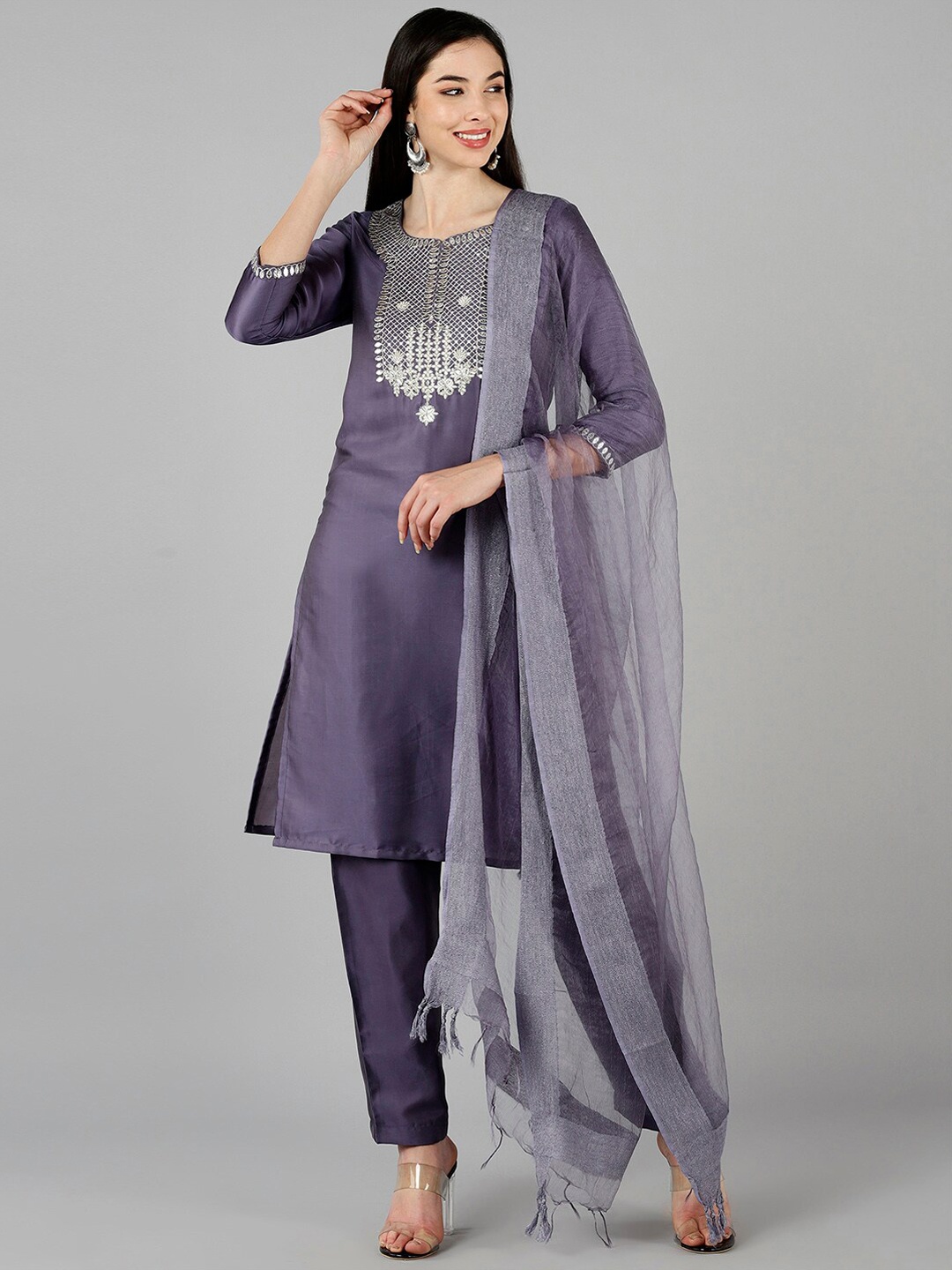 

AHIKA Women Lavender Solid Yoke Design Kurta Trouser with Dupatta
