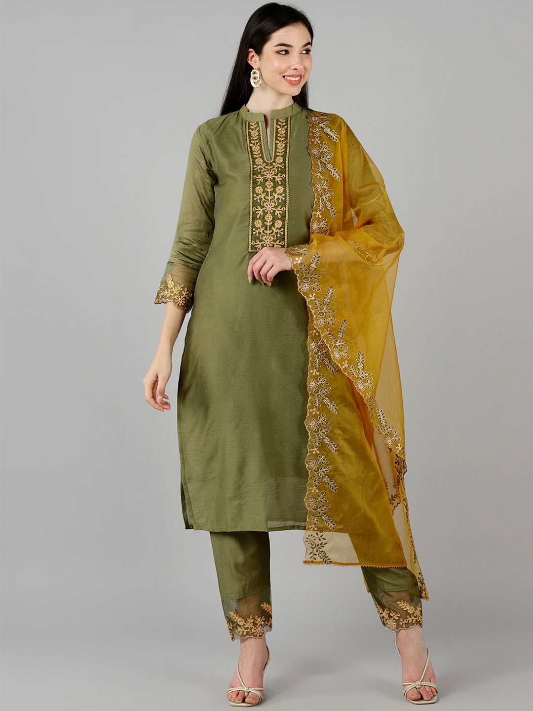 

AHIKA Women Olive Green Floral Kurta with Trousers & With Dupatta