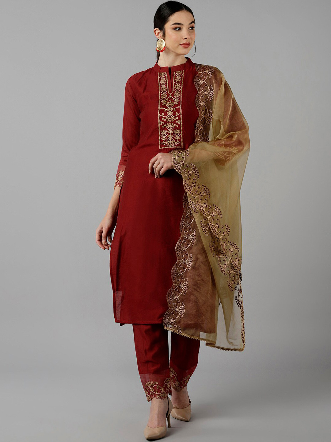 

AHIKA Women Red Embroidered Yoke Design Kurta with Trousers & Dupatta