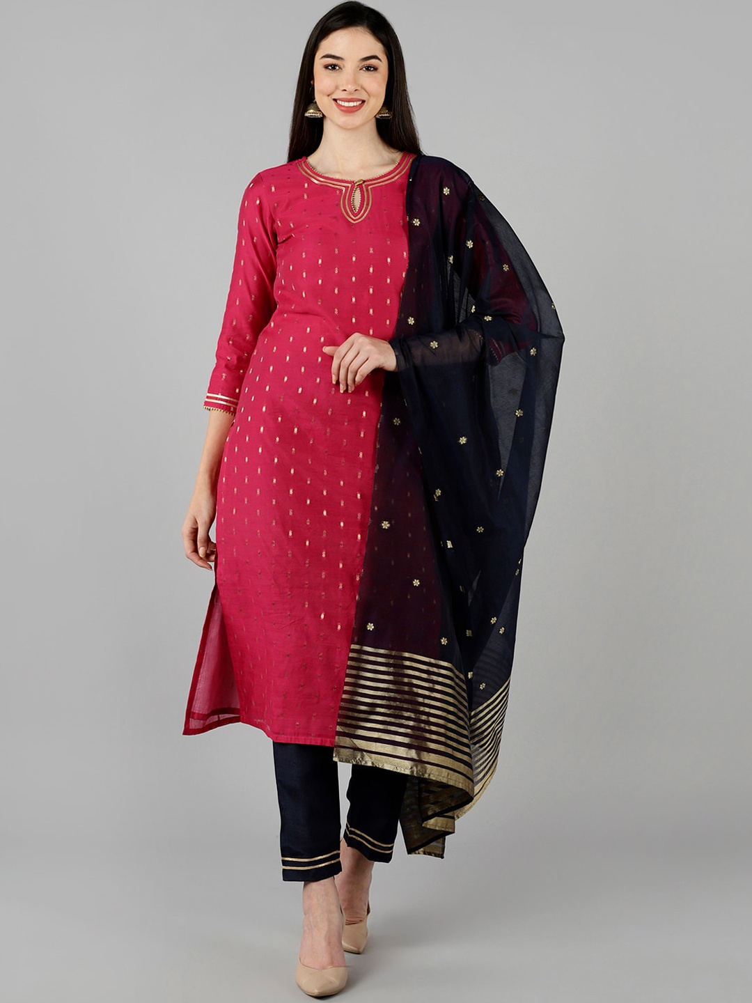 

AHIKA Women Pink & Black Self Design Kurta with Trousers & With Dupatta