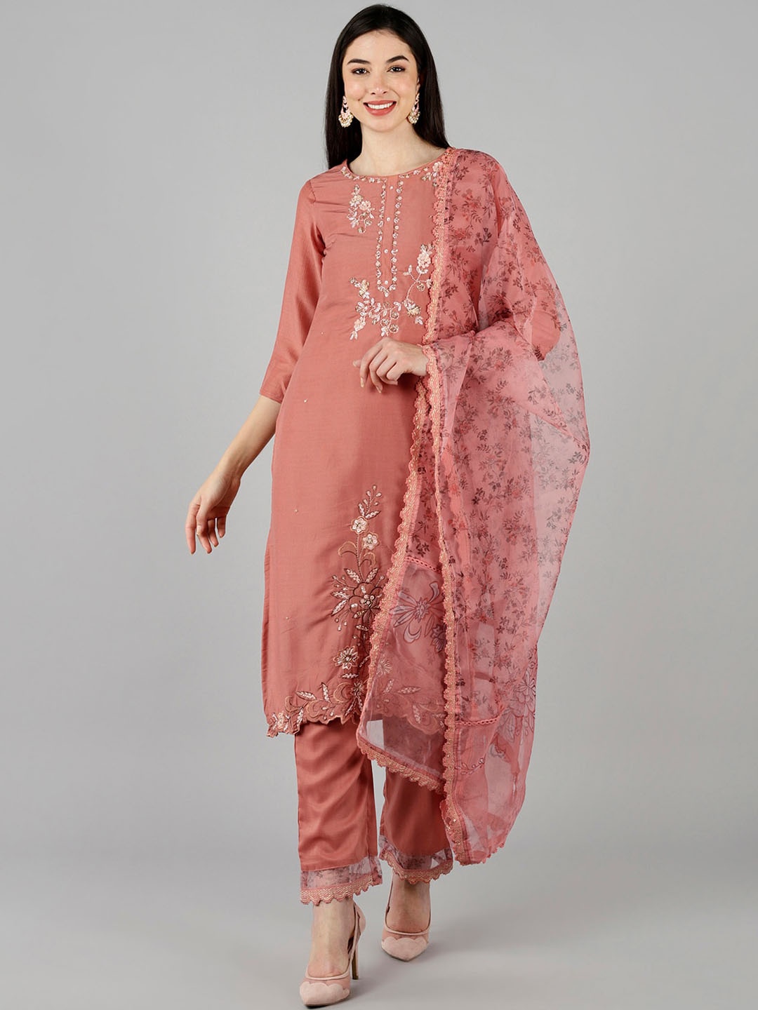 

AHIKA Women Peach Floral Embroidered Kurta with Trousers & Dupatta