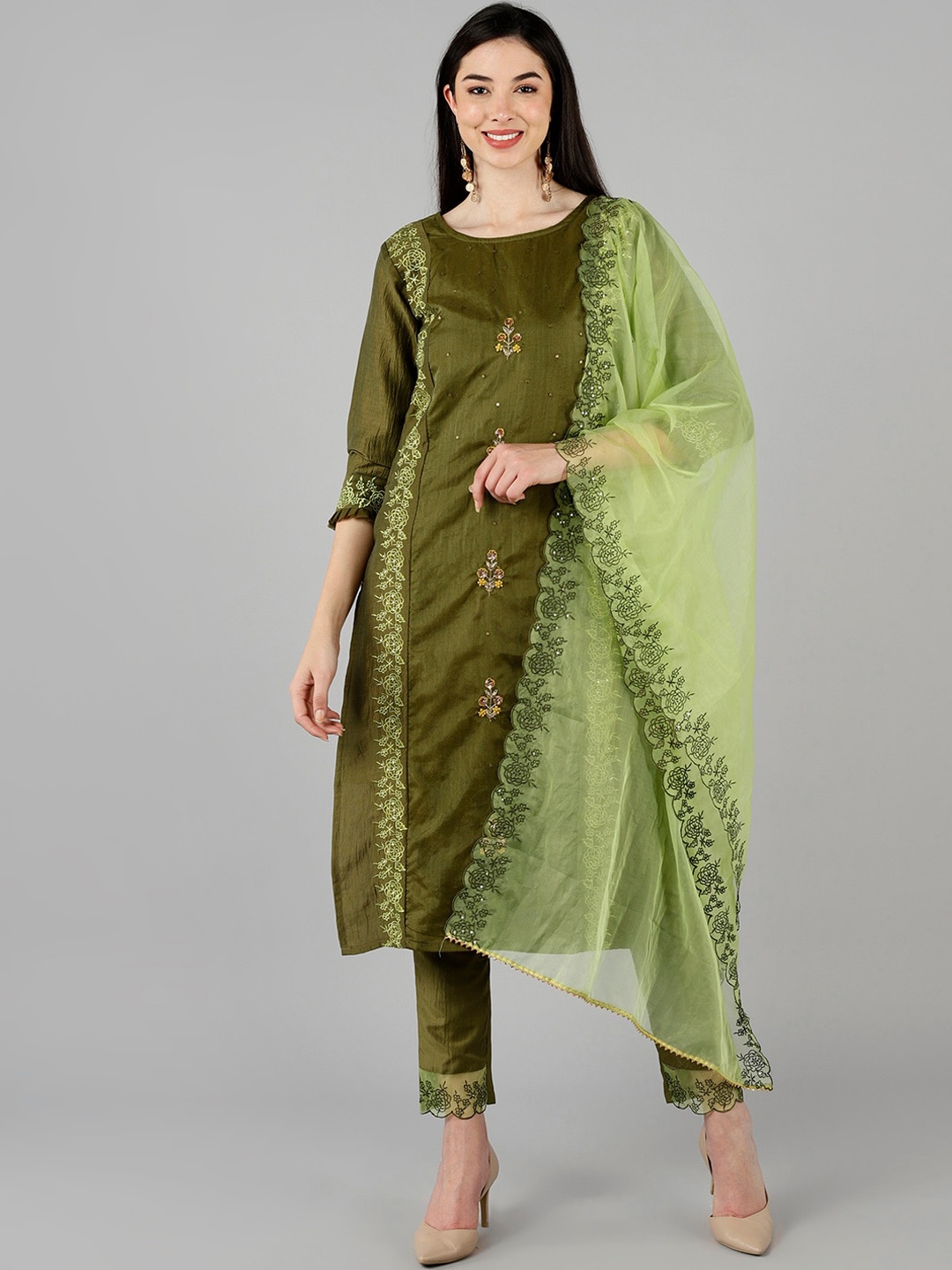 

AHIKA Women Olive Green Paisley Panelled Kurti with Trousers & With Dupatta