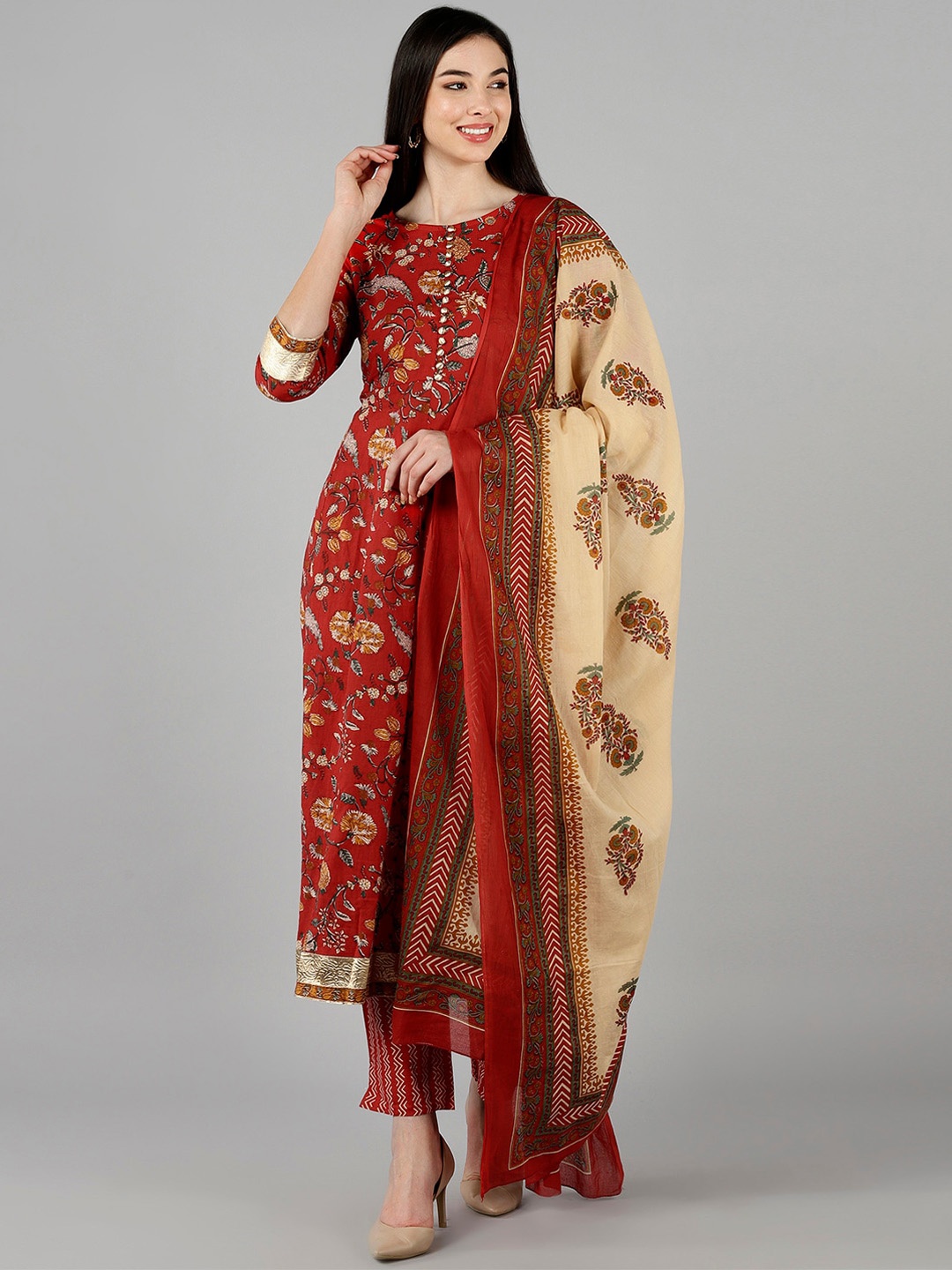 

AHIKA Women Red Floral Yoke Design Pleated Pure Cotton Kurta with Trousers & With Dupatta