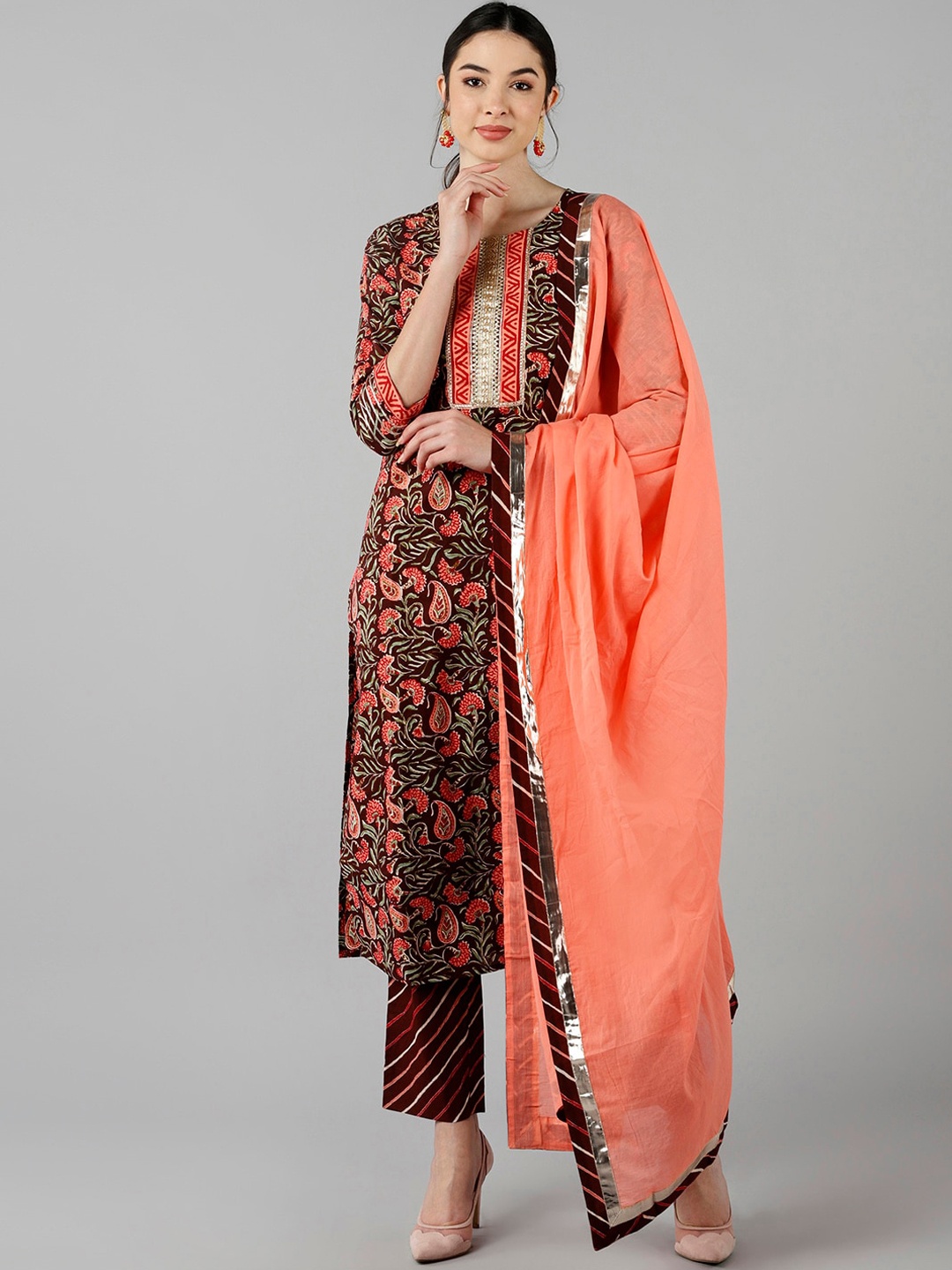 

AHIKA Women Brown Printed Panelled Pure Cotton Kurti with Trousers & With Dupatta