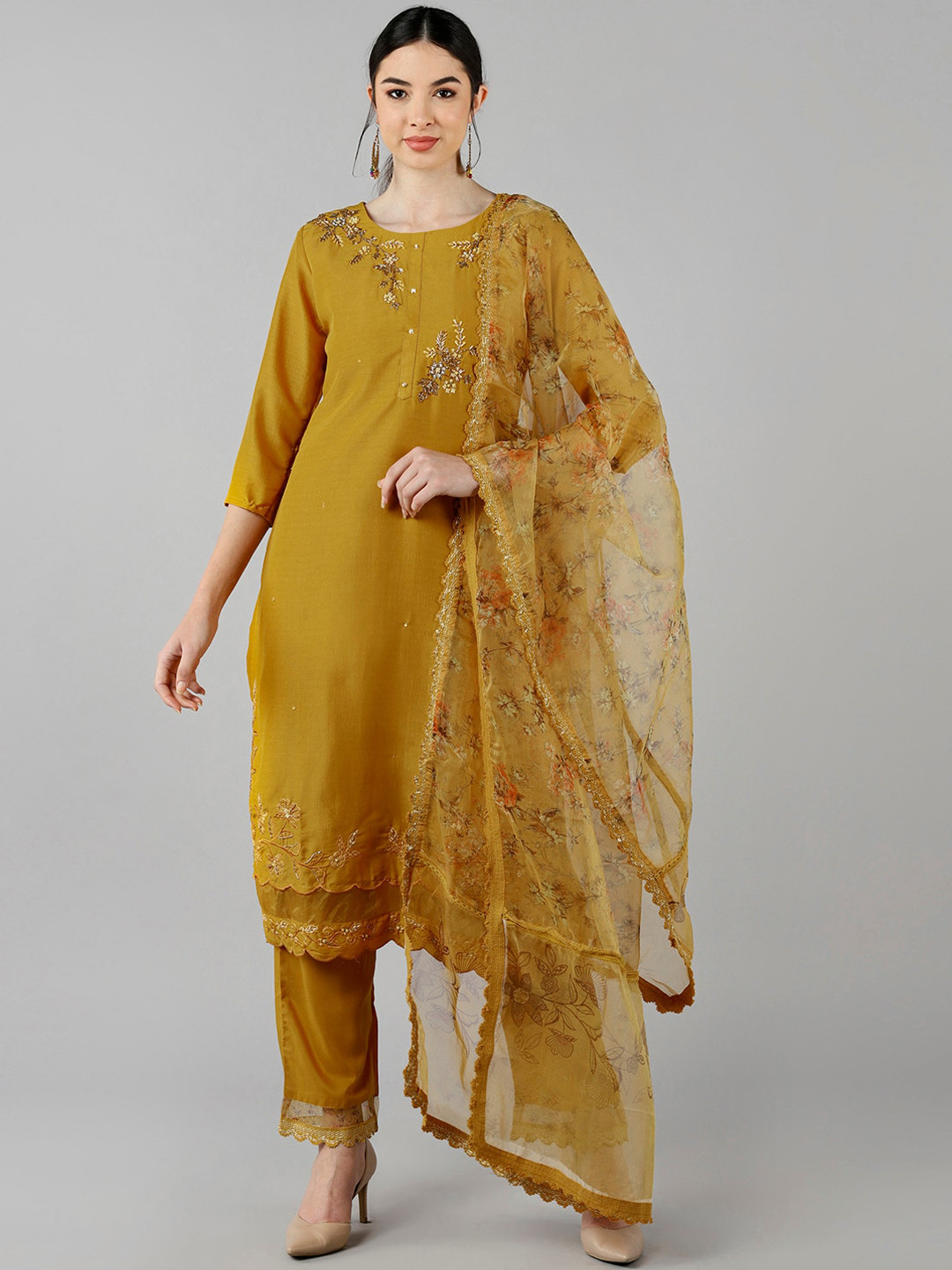 

AHIKA Women Mustard Yellow Embroidered Kurti with Trousers & With Dupatta