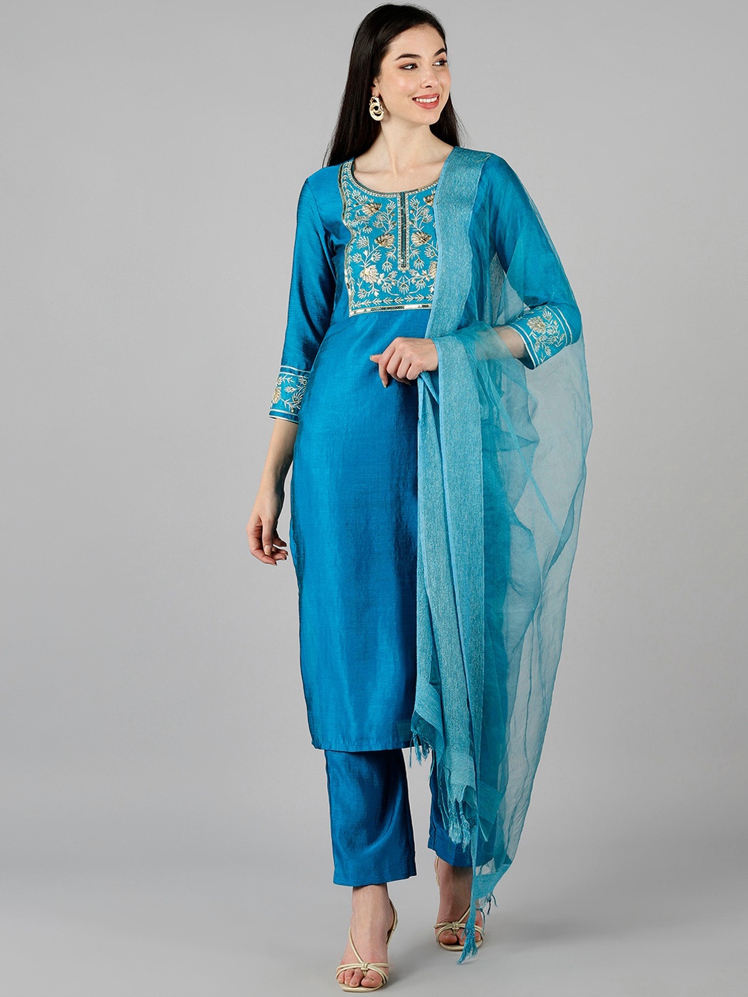 

AHIKA Women Teal Blue Floral Yoke Design Embroidered Kurta with Trousers & Dupatta