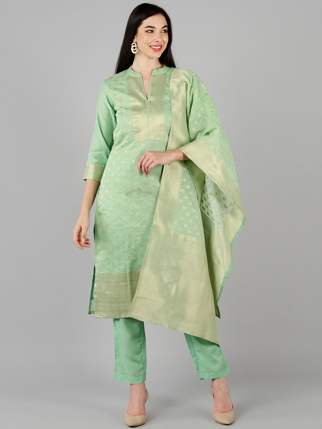 

AHIKA Women Green Woven Design Kurta Trouser with Dupatta