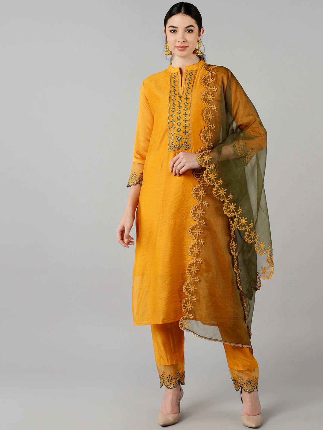 

AHIKA Women Mustard Yellow Embroidered Kurti with Trousers & With Dupatta