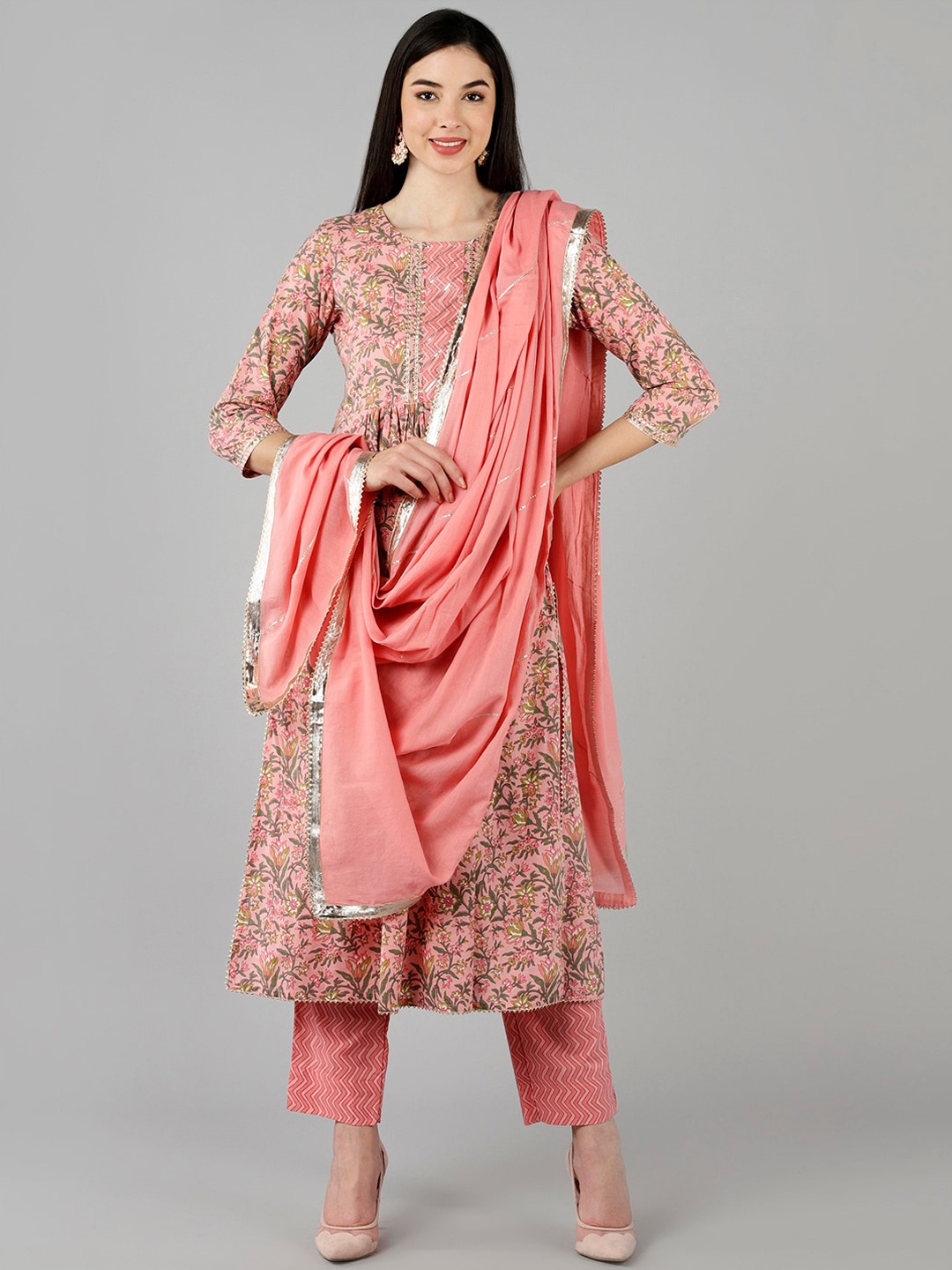 

AHIKA Women Pink Floral Embroidered Panelled Pure Cotton Kurti with Trousers & With Dupatta