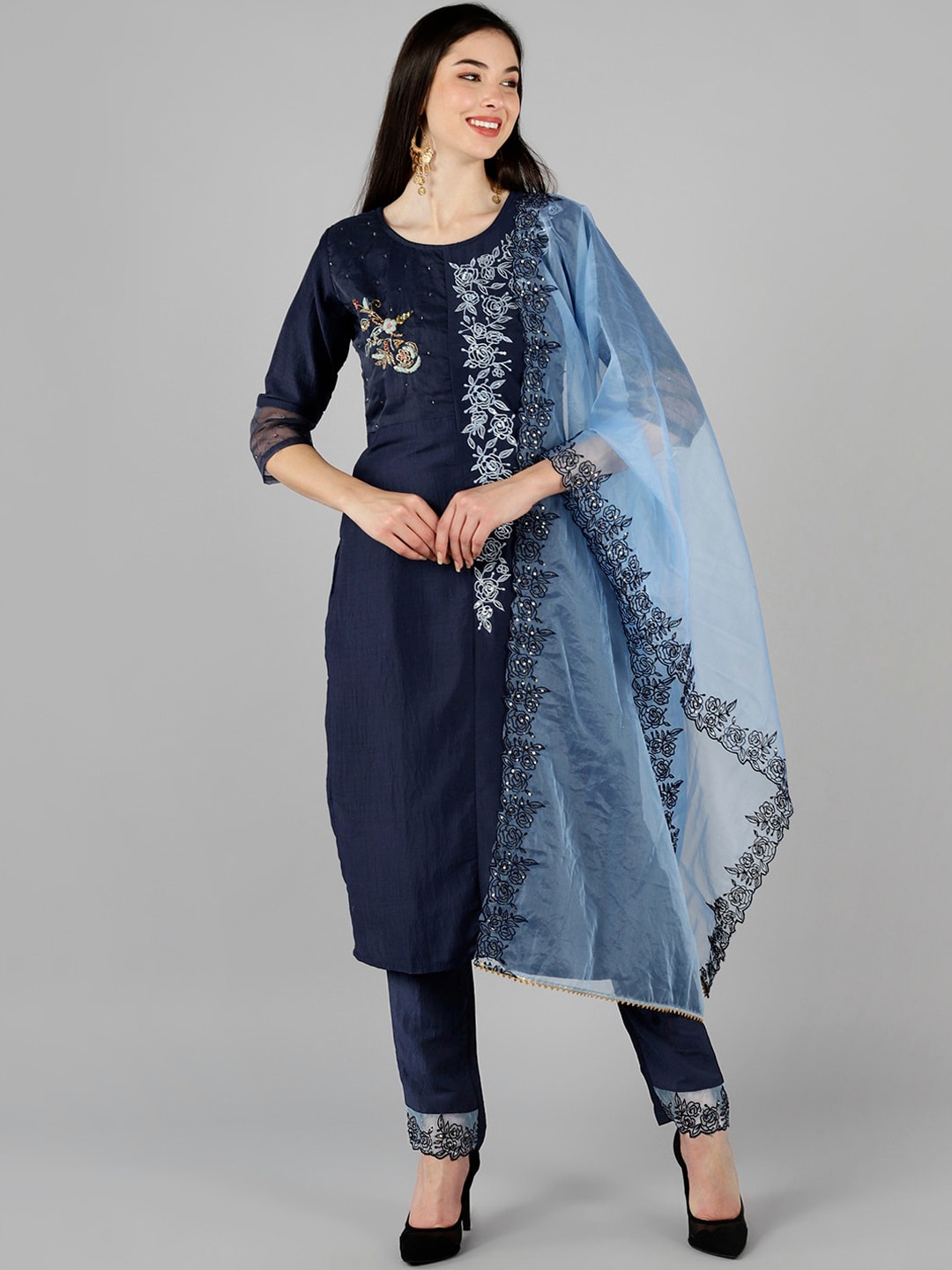 

AHIKA Women Navy Blue Embroidered Kurta with Trousers & With Dupatta