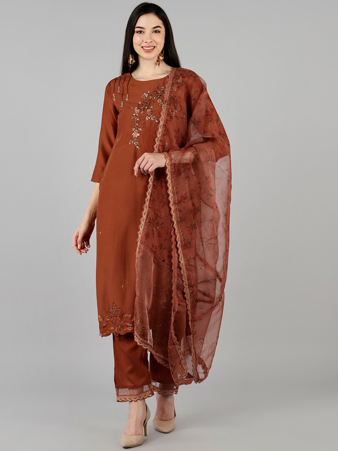 

AHIKA Women Orange Floral Embroidered Panelled Kurti with Trousers & With Dupatta