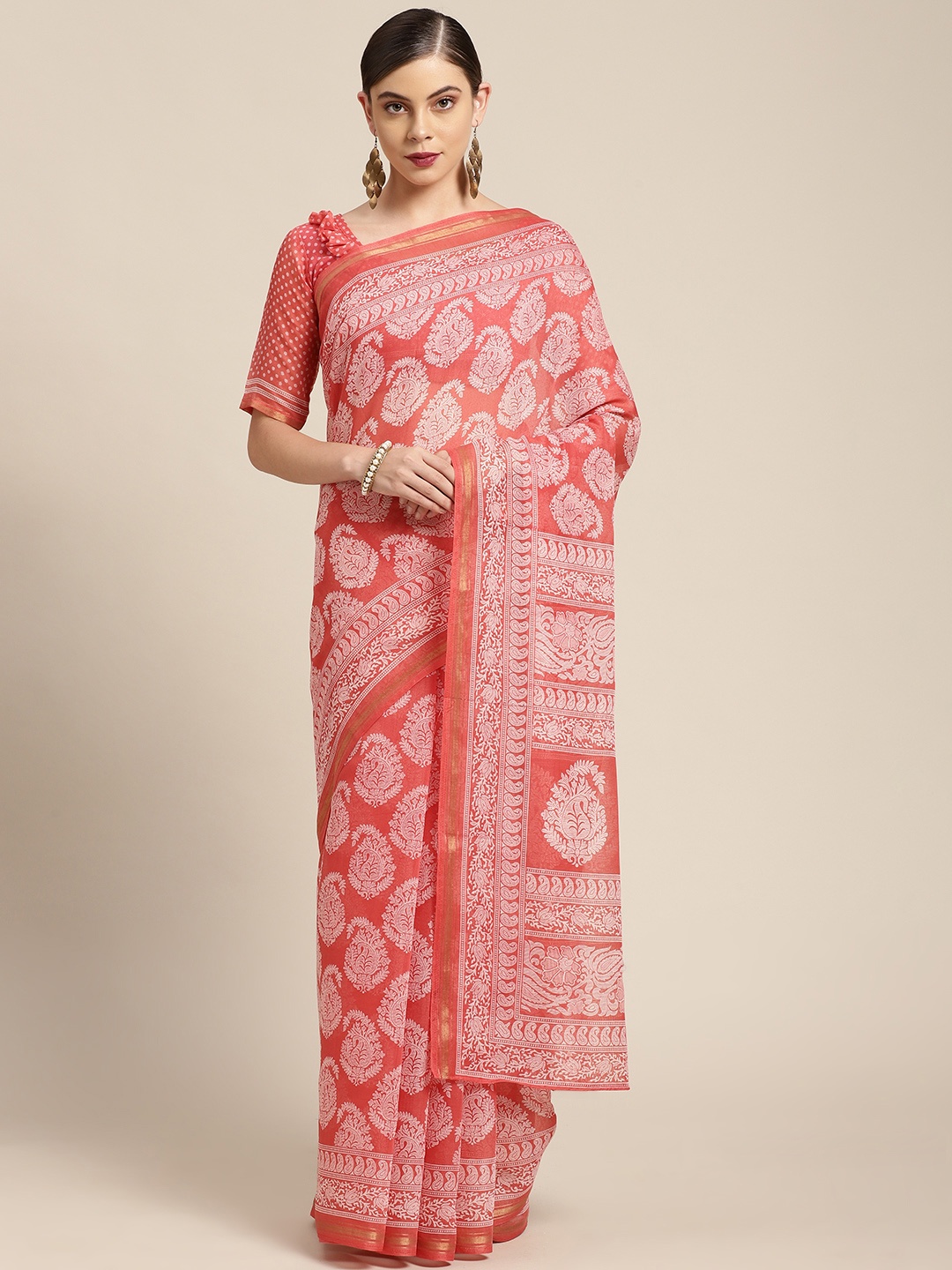 

KALINI Peach-Coloured & White Ethnic Motifs Block Print Zari Saree